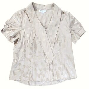 Pendleton Womens 12 Petite Silk Polka Dot Blouse Champagne Short Sleeve Tie Frnt